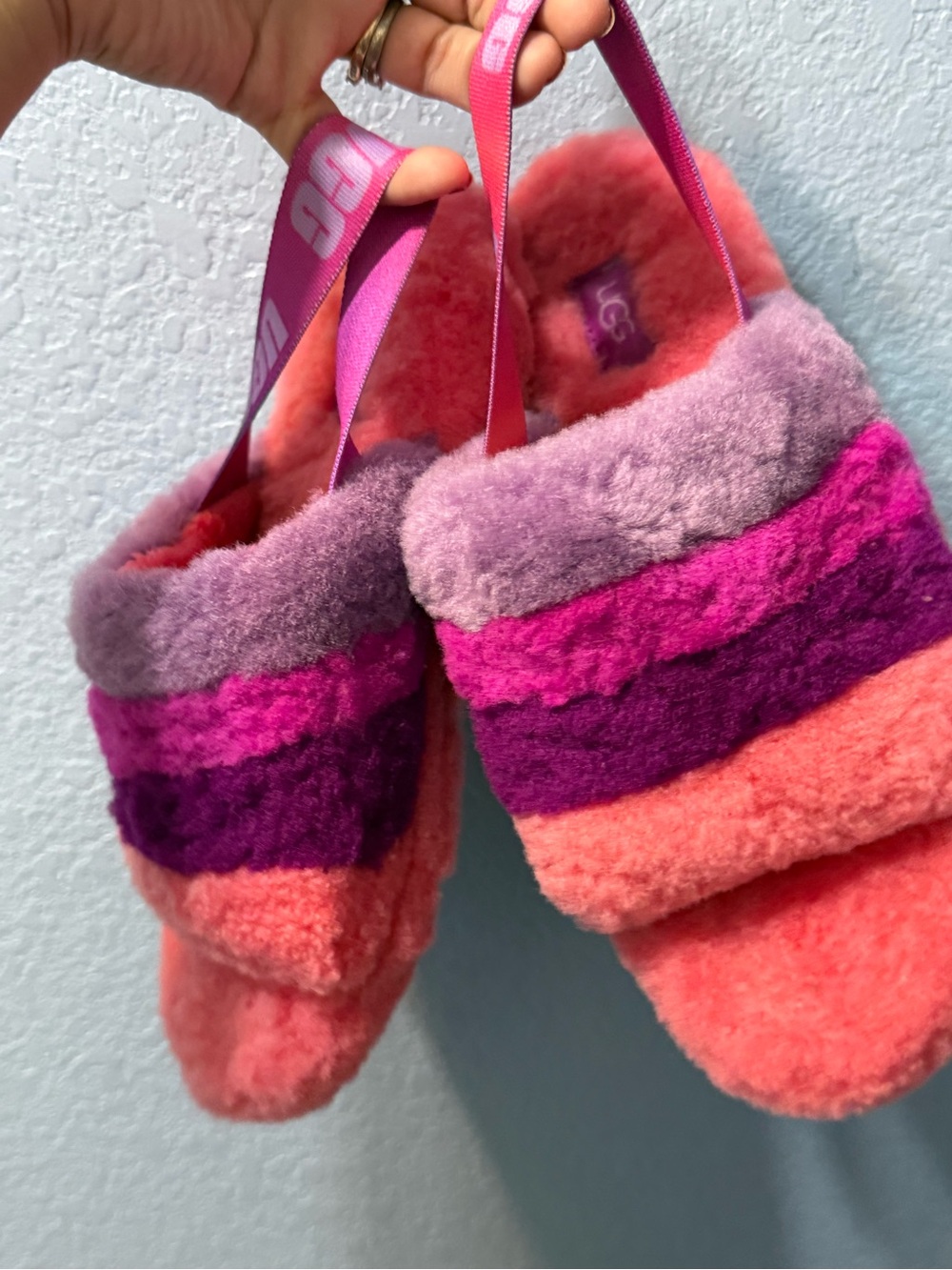 UGG Fluff Yeah Slide Multicolor Fuzzy Slippers Women's Size 5 pink and purple